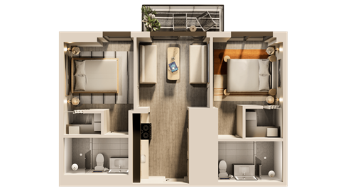 Floor plan for 2 beds, 2 baths, 712 sqft